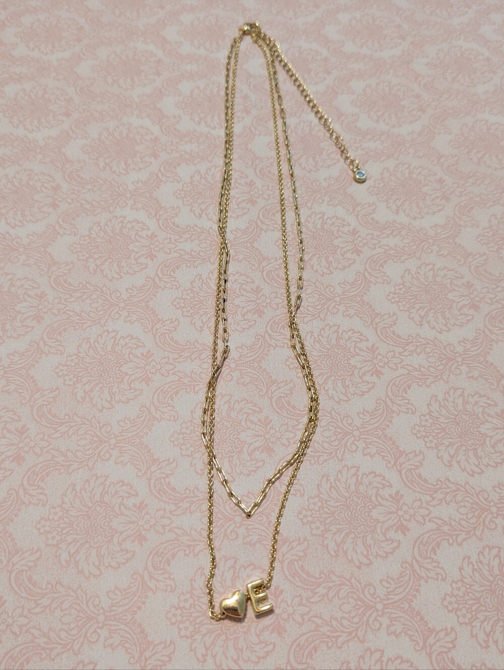 NWOT Gold E and Heart Double Necklace
